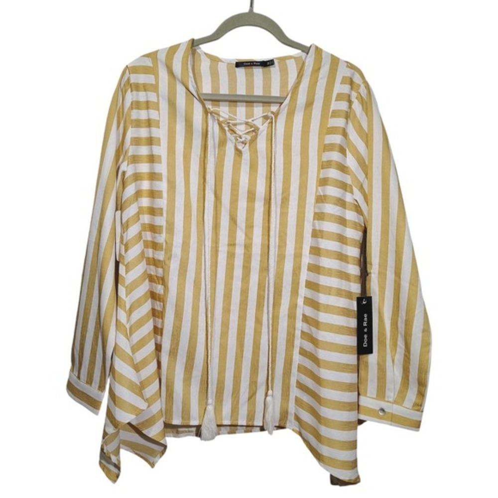 Doe and Rae Women's Blouse Medium Gold White Striped Roll‎ Sleeve Ruffle Sides